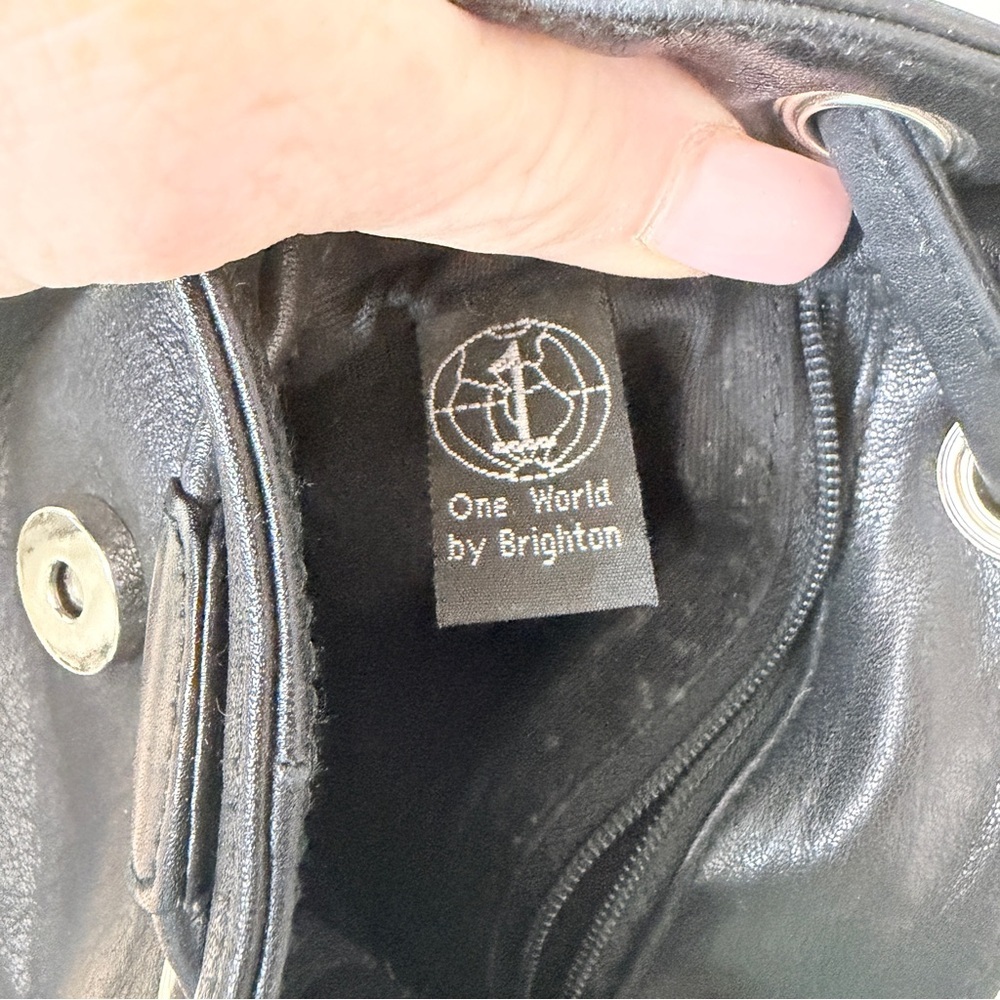 One World by Brighton Black Leather Drawstring Bag Crossbody with Silver Accent - Picture 6 of 9